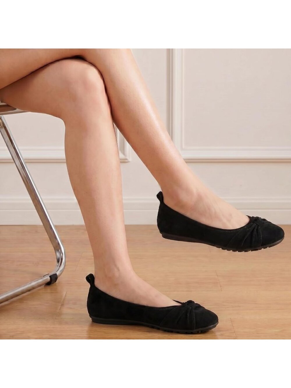 Women's Black Ballet Flats Cushioned Foldable Slip On Work Comfort Dressy Shoes - Picture 6 of 6